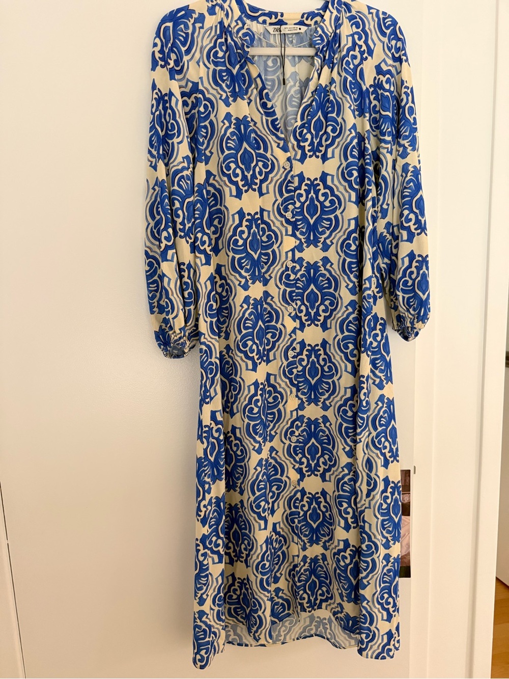 Zara Blue and Cream Patterned Maxi Dress